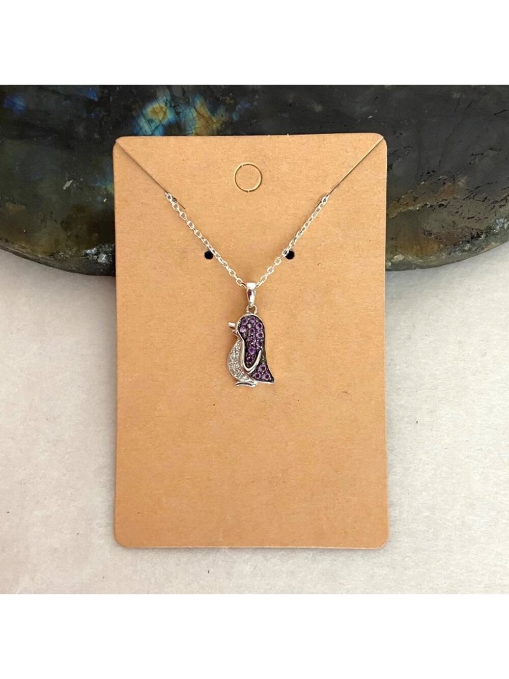 Sterling Silver 925 Dainty Pave Diamond & Amethyst Penguin Pendant Necklace 18"